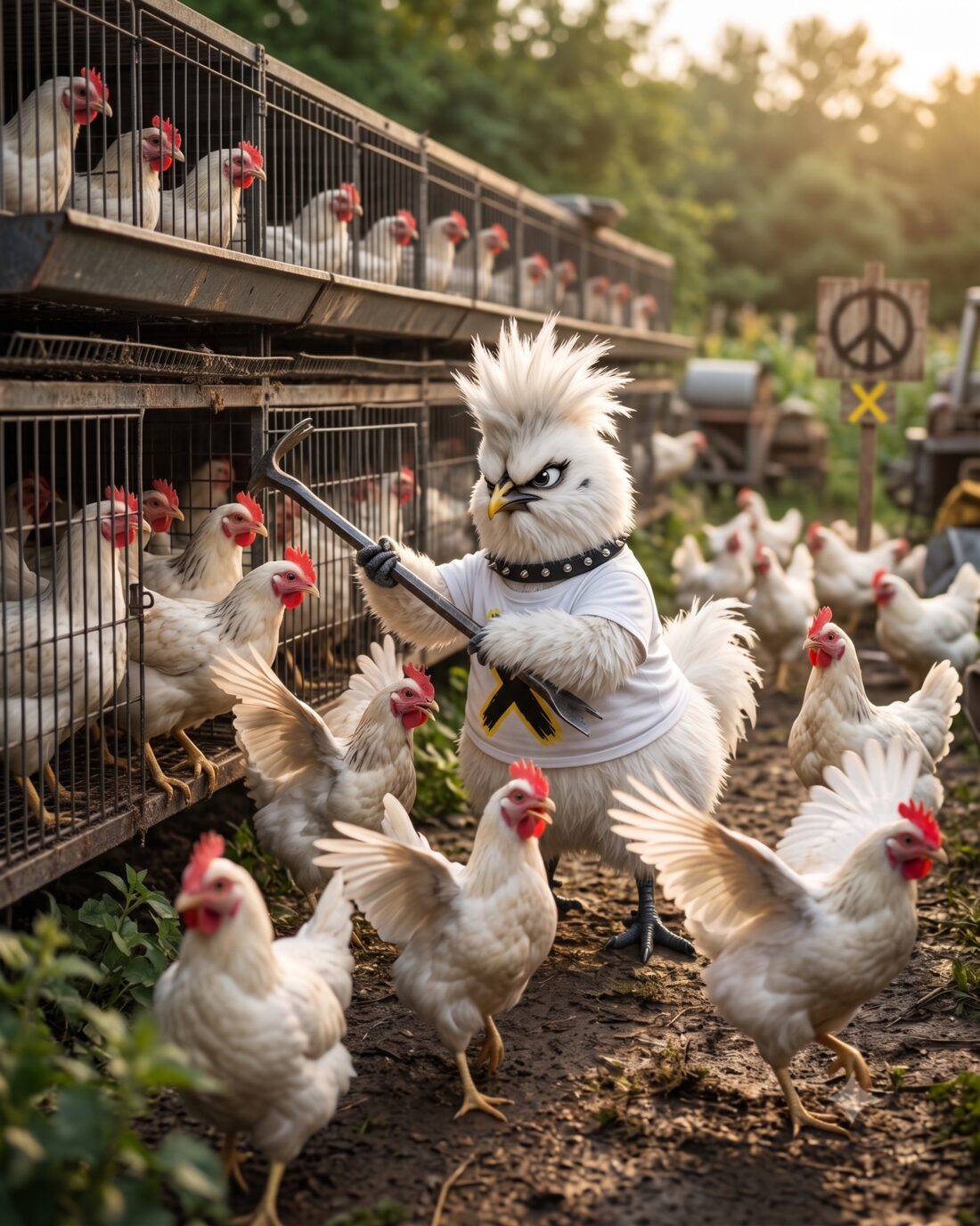 X öffnet mit dem Brecheisen die Käfige – die Hühner laufen in die Freiheit