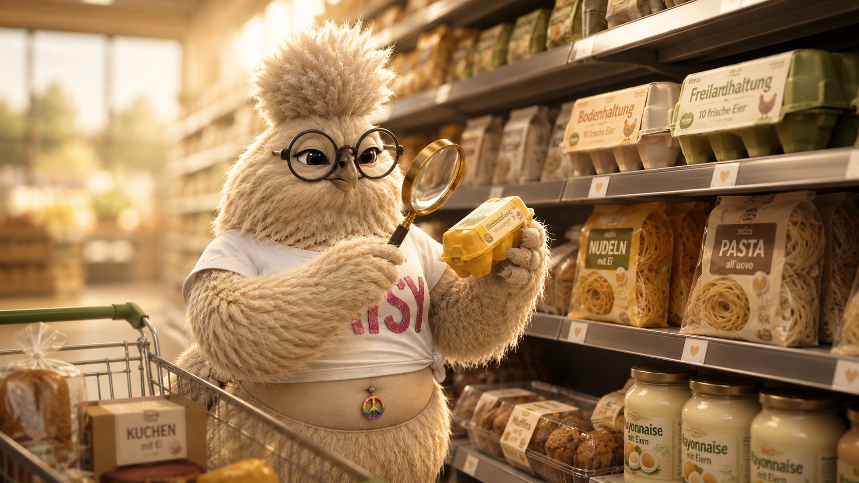 Daisy kontrolliert mit der Lupe den Stempelcode auf einem Eierkarton im Supermarkt
